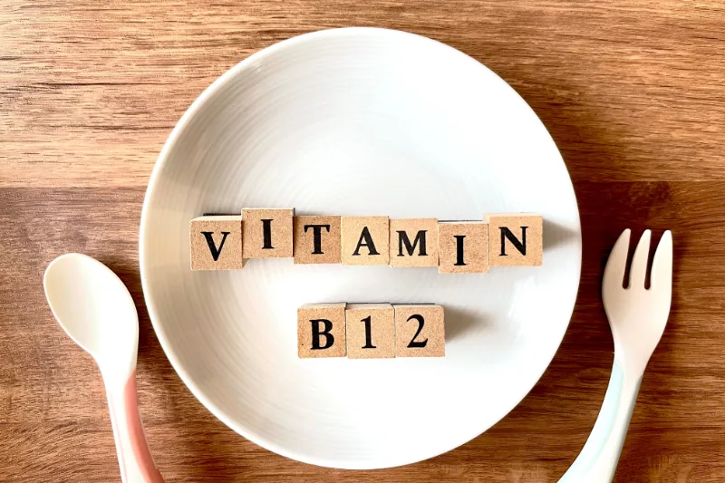 ビタミンB12と描かれているブロックがお皿の上に乗せてあり、ビタミンB12を摂取するイメージの写真です。